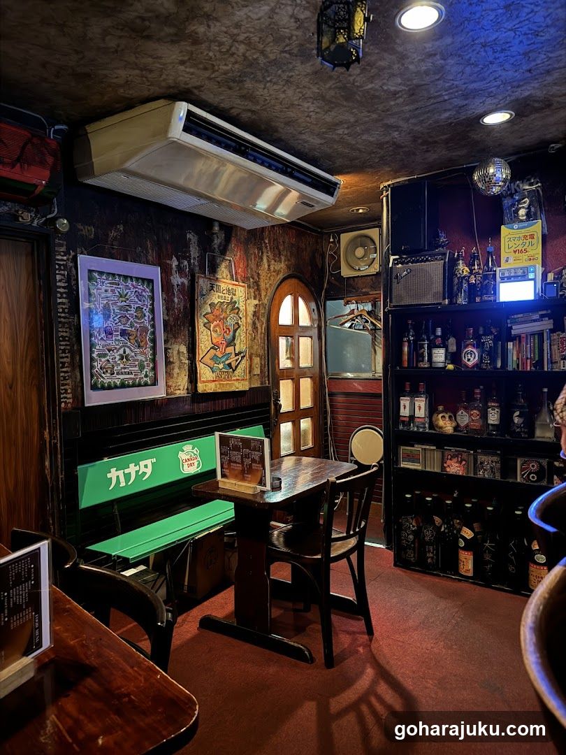 Bar Interior with Green Benches and Shelves