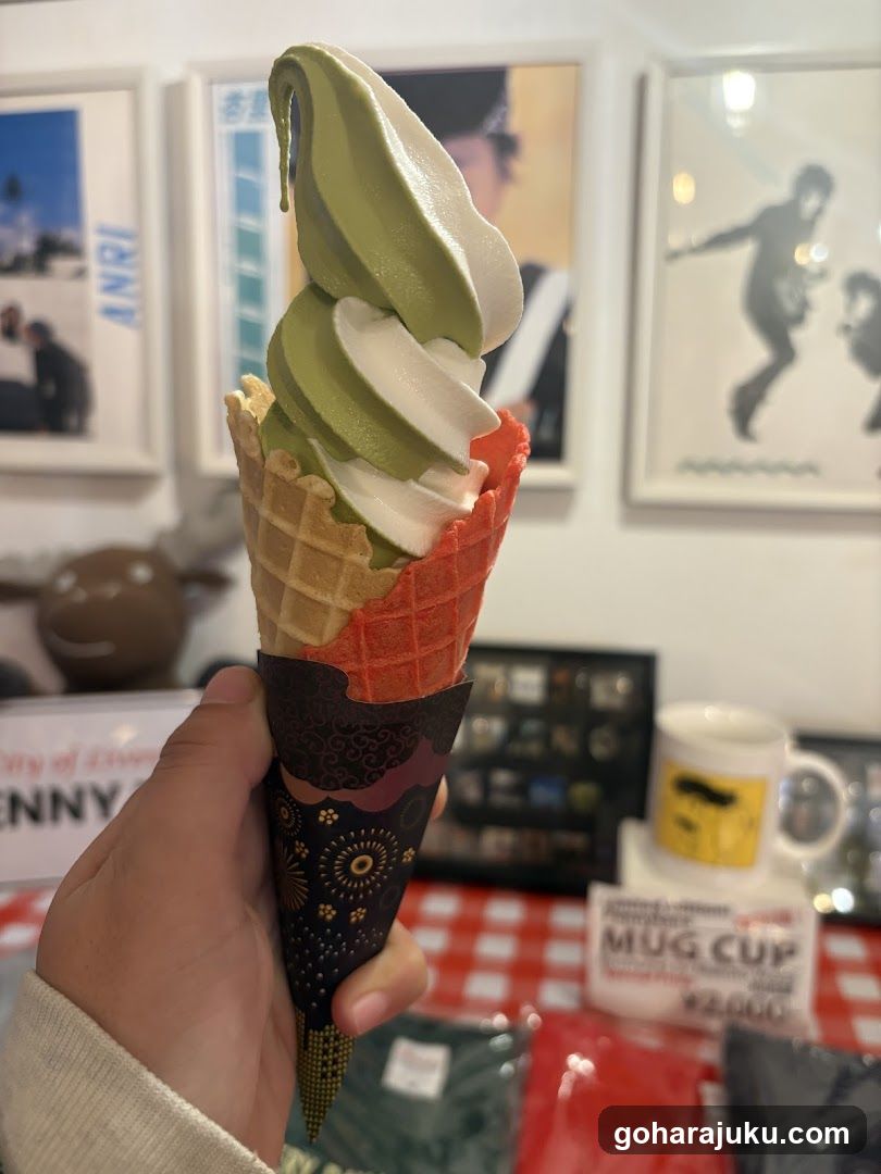 Matcha and Strawberry Soft Serve Ice Cream Cone
