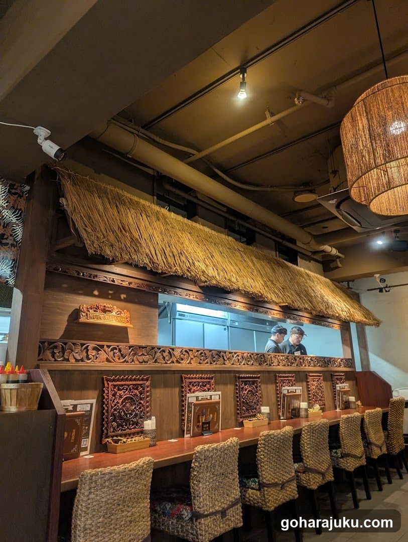 Interior of a restaurant with thatched roof design