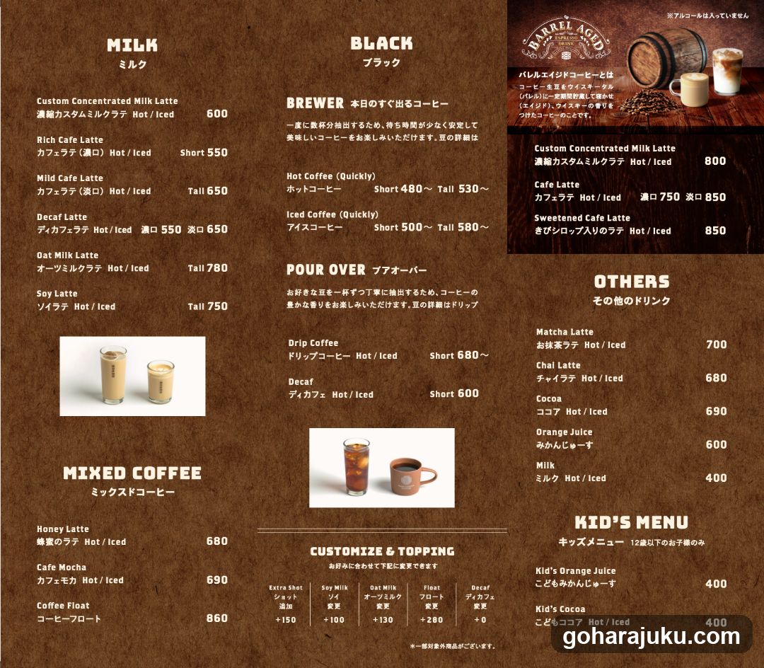 Coffee Menu - Milk, Black, Others, Kid's Menu