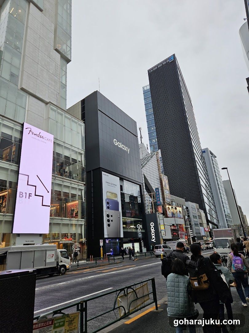 Urban Street Scene with Storefronts and Skyscrapers