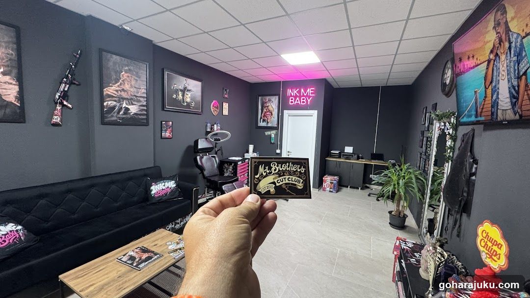 Interior of a tattoo or barbershop with merchandise display