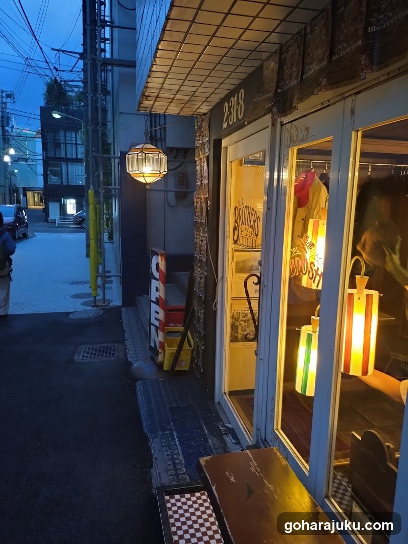 Evening view of a shop entrance with illuminated signage reading 'BROTHERS BAR' and 'OPEN'. A hanging lantern-style light fixture is mounted above the door. The storefront features glass windows displaying colorful lamps inside, including striped and green ones. A checkered floor mat lies on the sidewalk near the entrance. Adjacent buildings show urban street infrastructure like utility poles and wires.