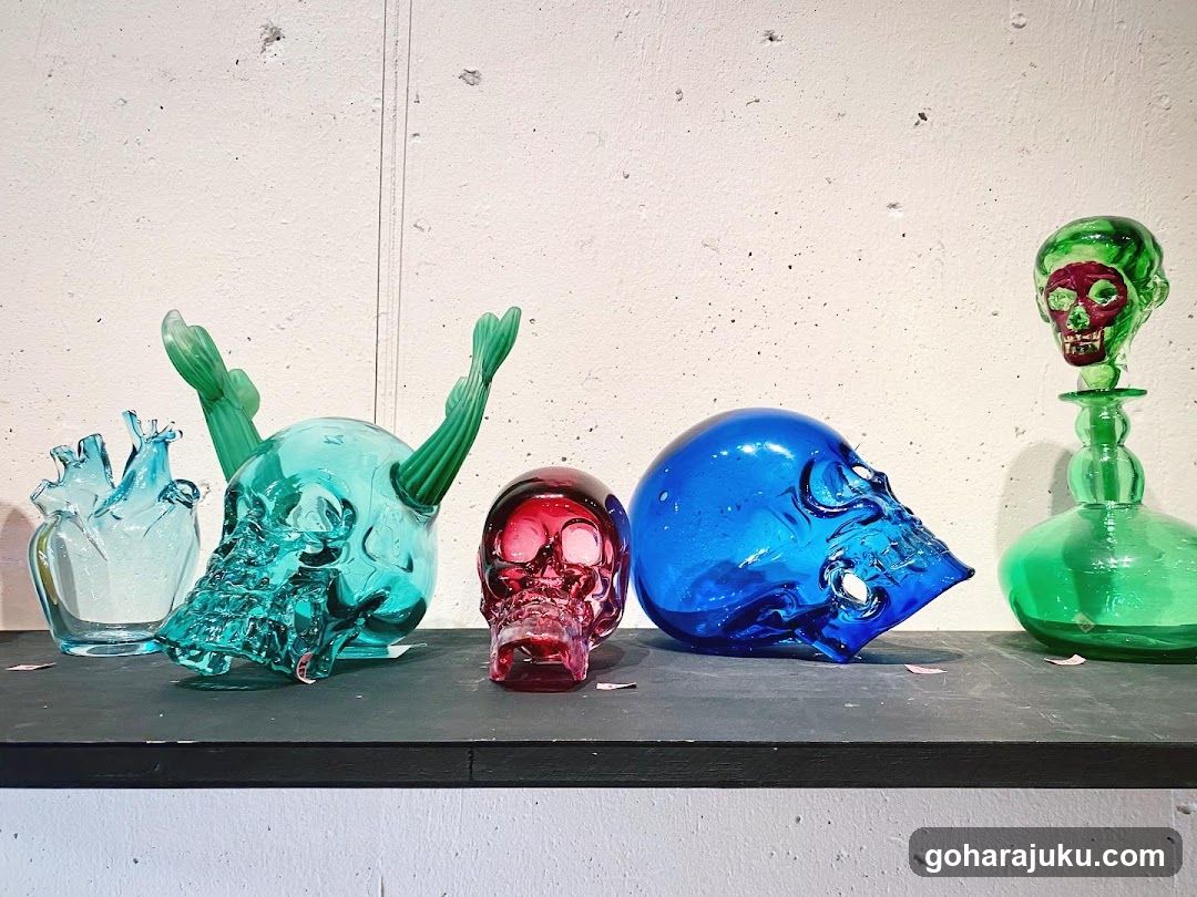 Glass Skulls and Vessels Display