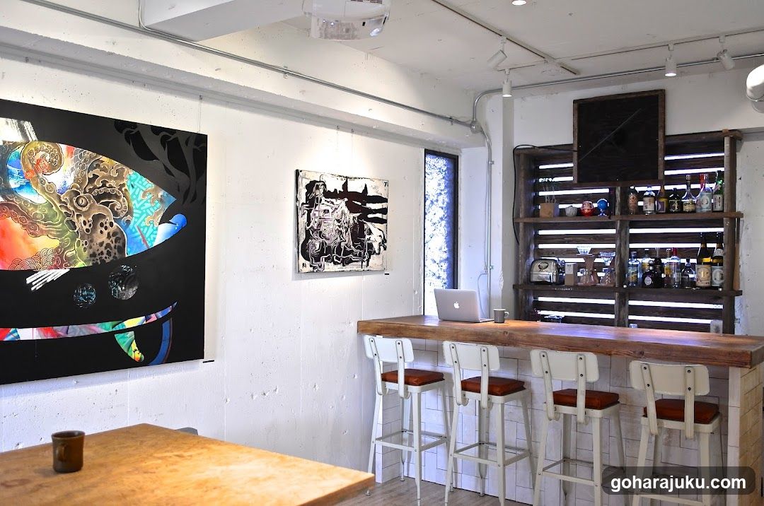 Interior of a cafe or bar with artwork