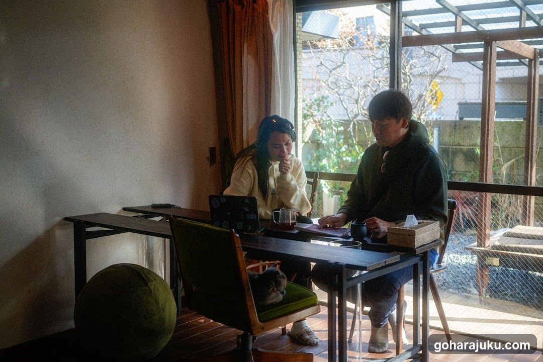 Interior Scene with People and Cat