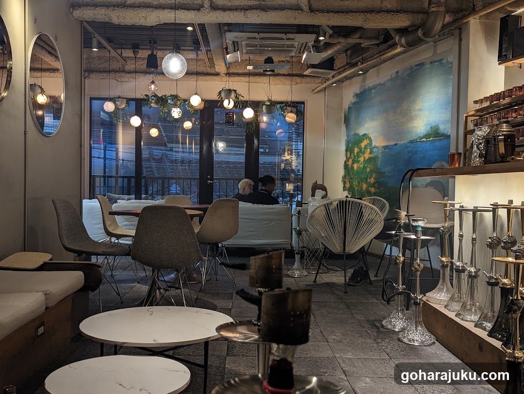 Interior of a lounge or cafe with hookahs and modern decor