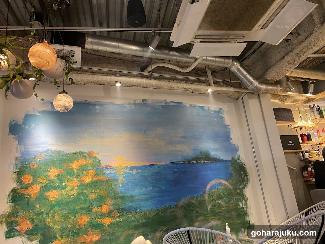 Interior with mural and hanging lights