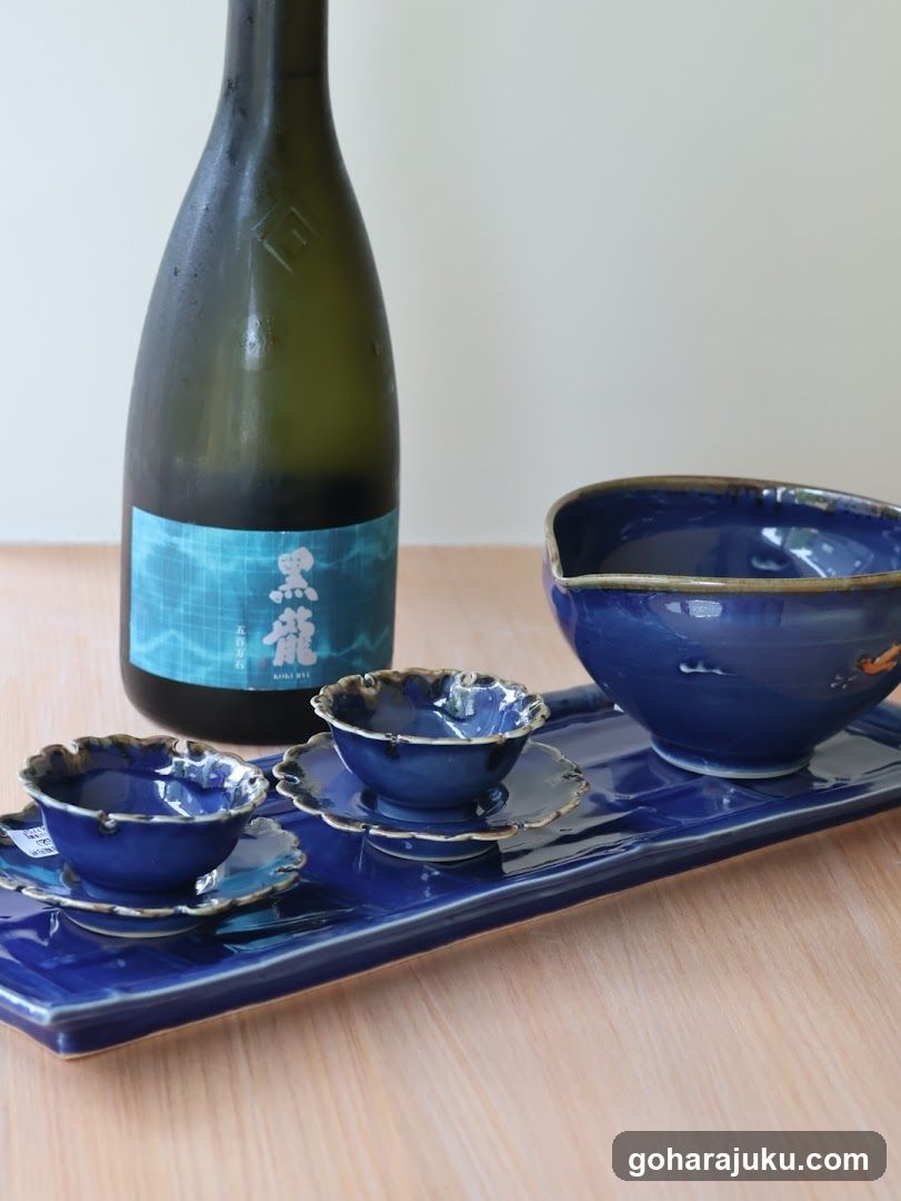 Sake Set with Blue Ceramic Bowls and Bottle