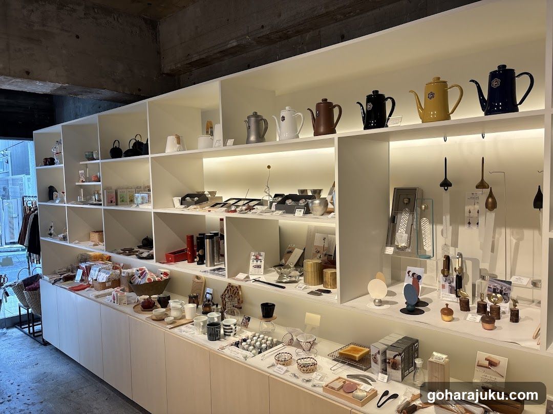 Interior of a boutique shop with shelves and counter display