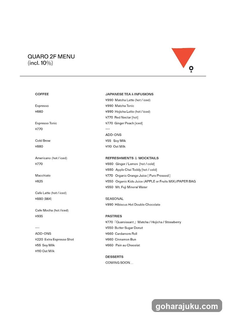 A printed menu listing coffee, Japanese tea & infusions, add-ons, refreshments & mocktails, seasonal items, pastries, and desserts.