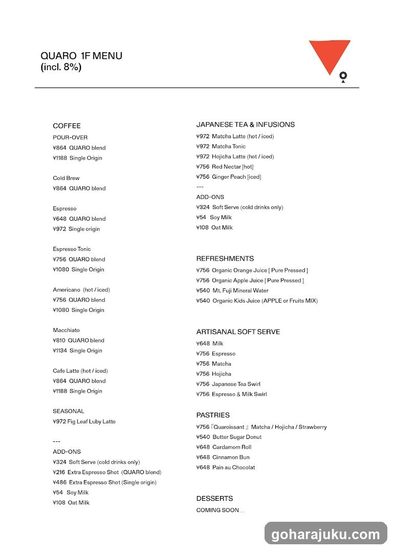 A printed menu listing coffee, Japanese tea & infusions, add-ons, refreshments, artisanal soft serve, pastries, and desserts.