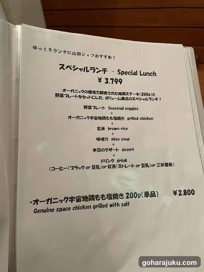 A printed menu page featuring a special lunch option with organic space chicken, seasonal vegetables, and drink options.