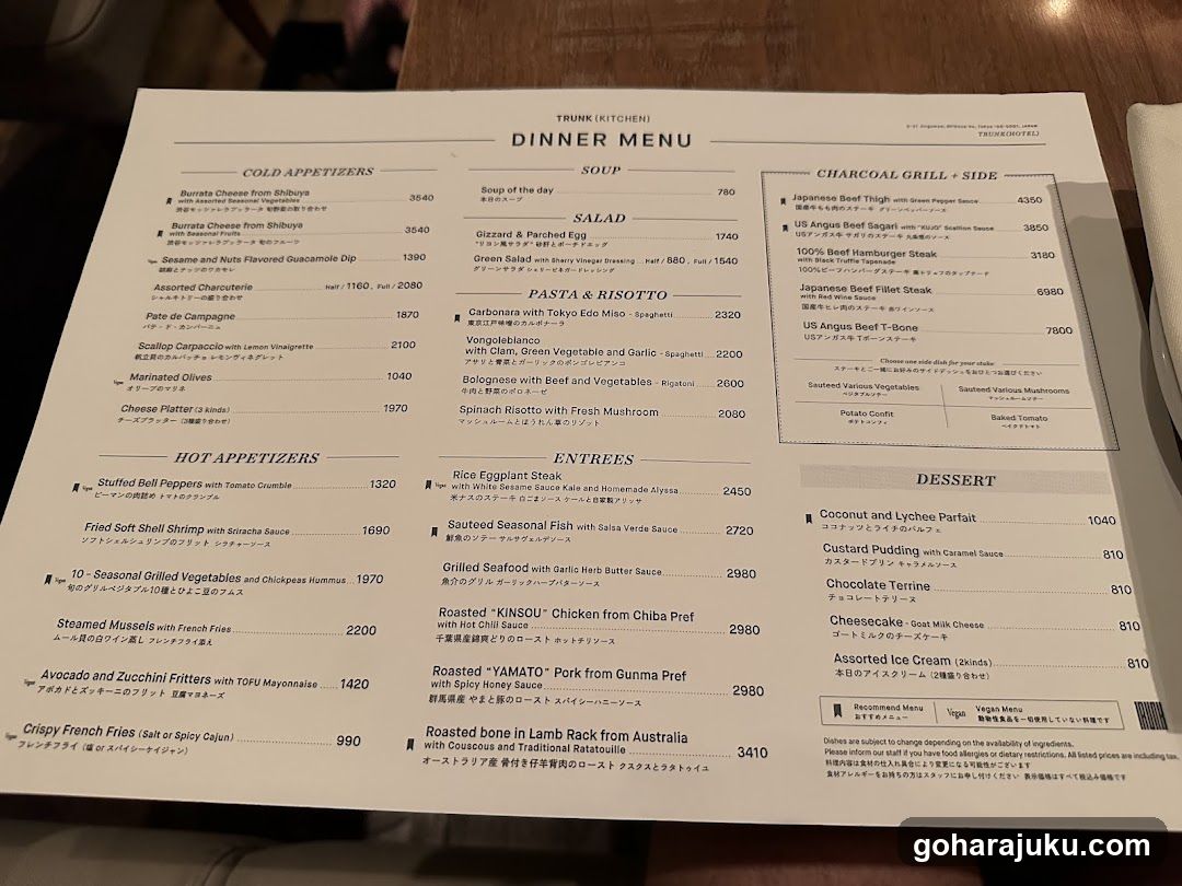 Trunk (Kitchen) Dinner Menu