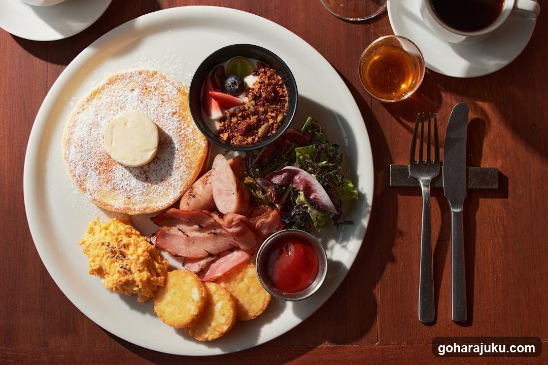 Breakfast Spread with Pancakes and Sausage