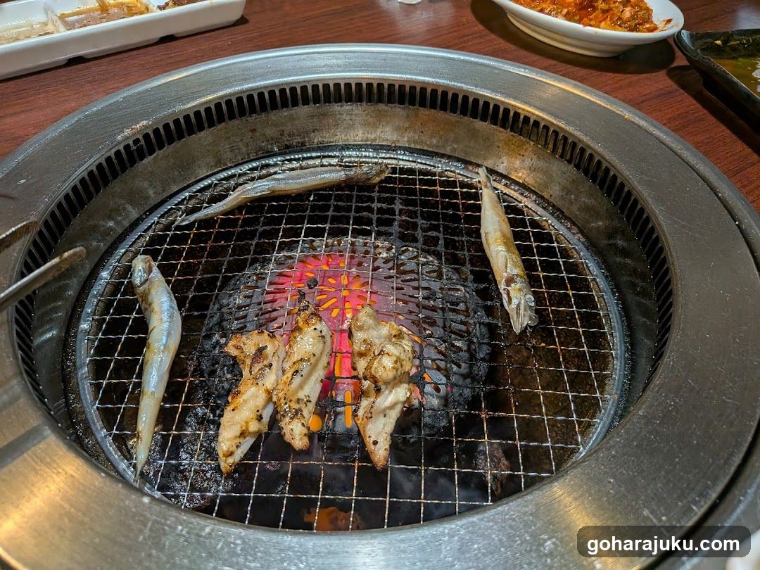 Grilled Seafood and Meat on Charcoal Grill