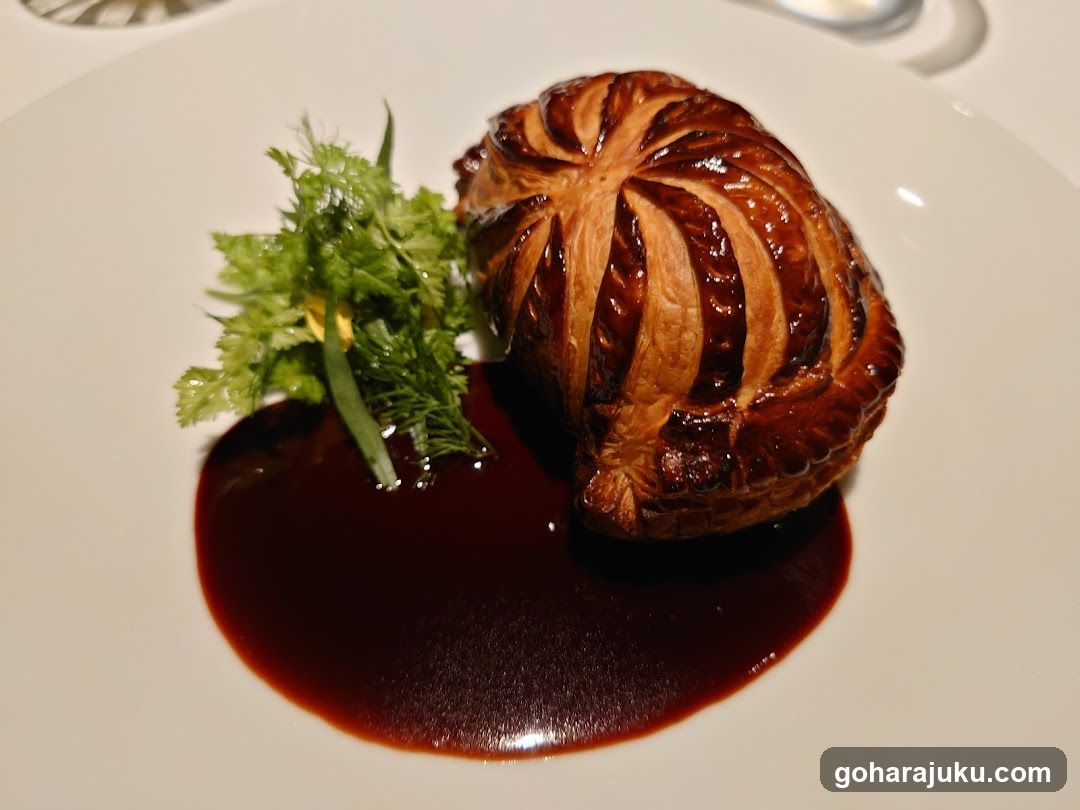 Pastry with Dark Sauce and Greens