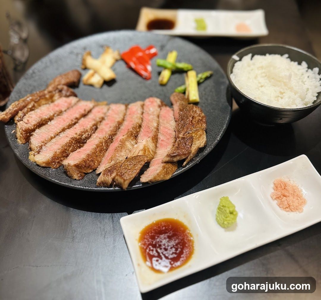Sliced Steak with Rice and Condiments