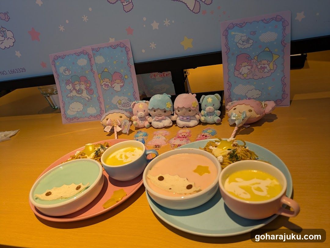Sanrio-themed food set with plushies and cards