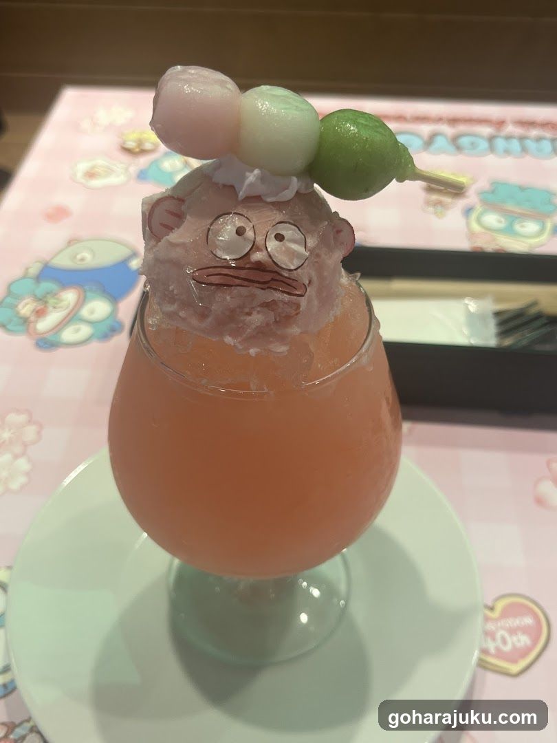 Dorami-themed drink with mochi skewer