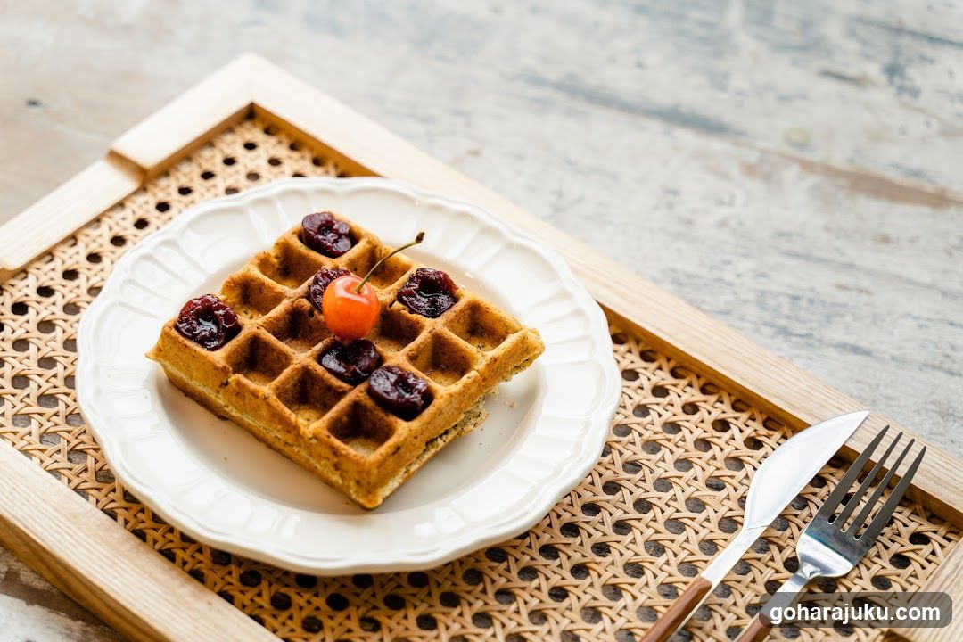Waffle with Cherries on a Tray