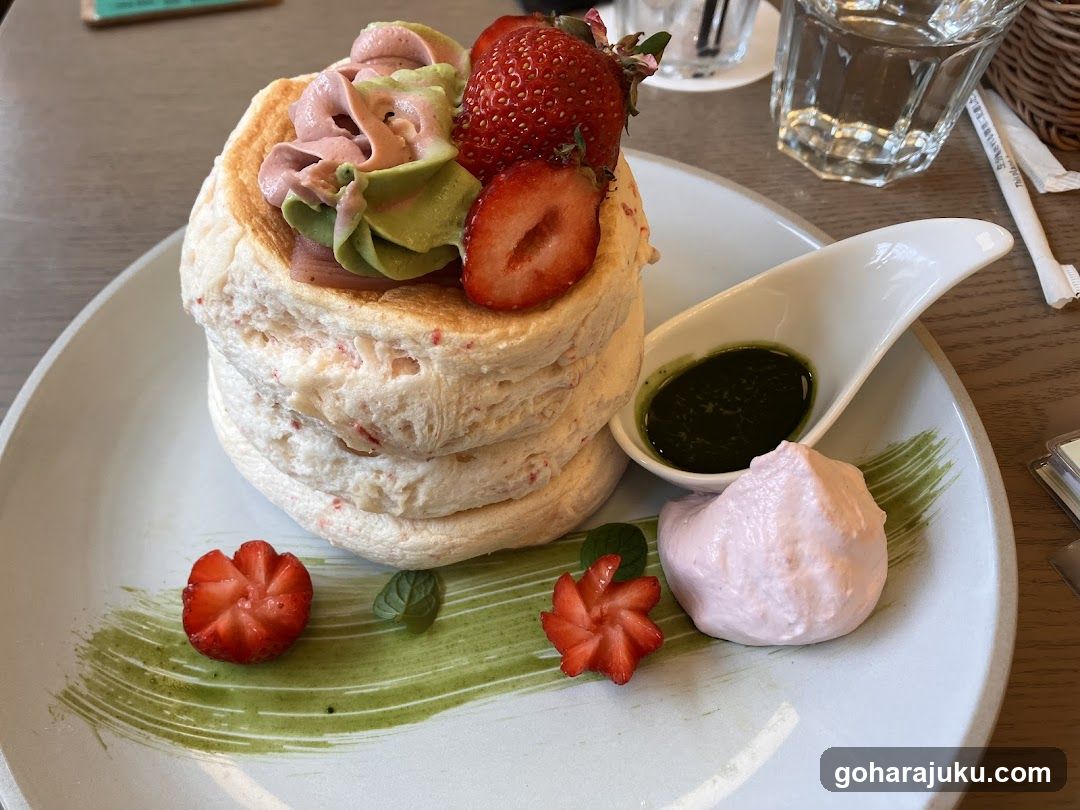 Strawberry Pancake Stack with Pesto and Cream