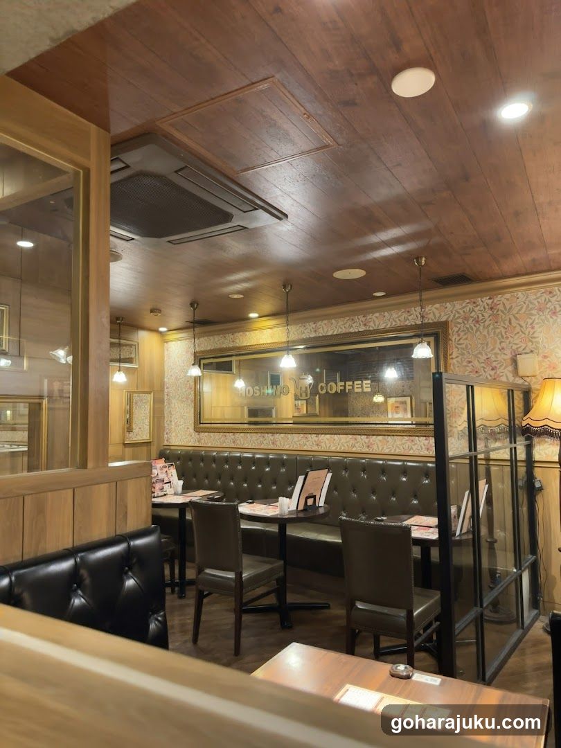 Interior of a cozy cafe with wooden decor and leather seating