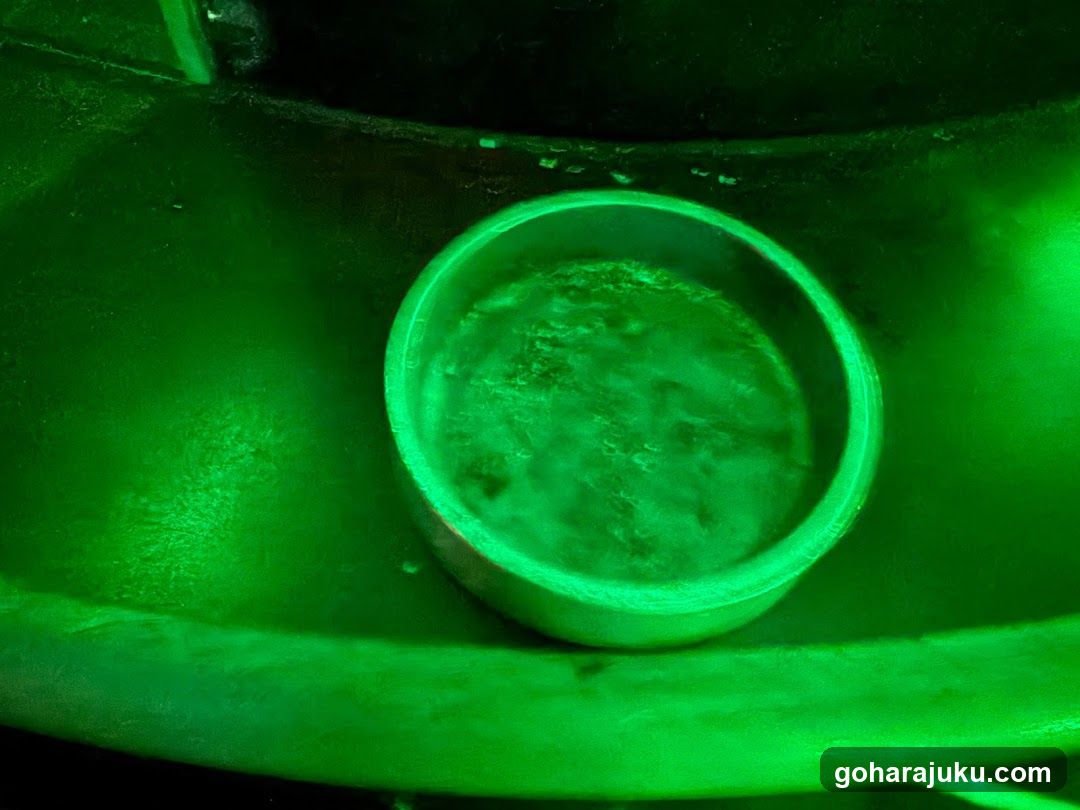 Green-lit bowl in dark environment