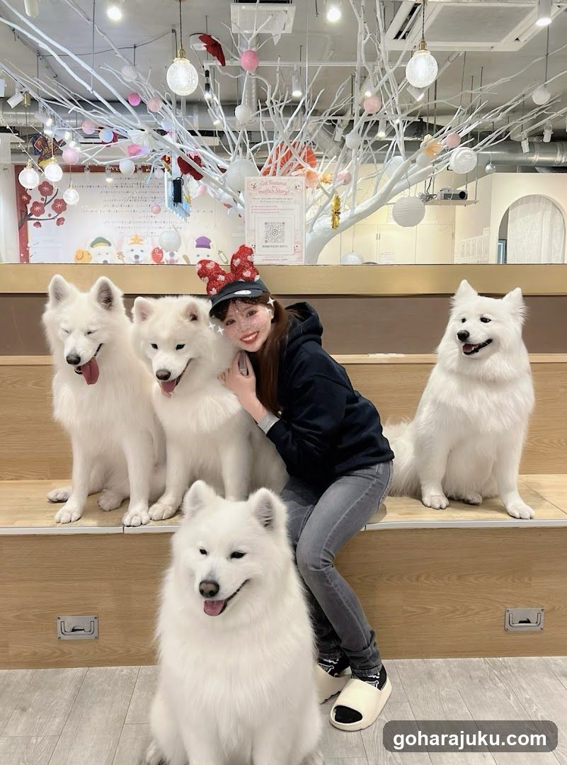 Sakura-themed interior with Samoyeds