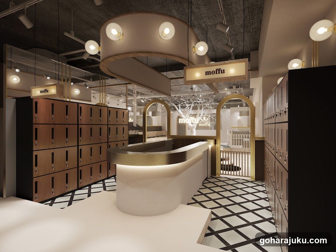 Interior of a modern shop with lockers and reception desk