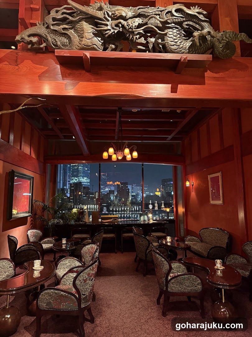 Interior of a traditional-style lounge or bar with city view