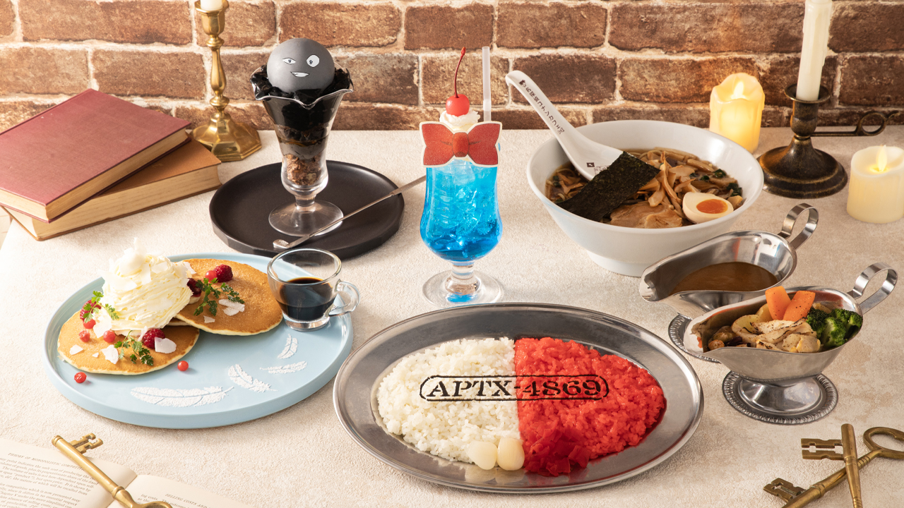 Detective Conan Cafe 2026 themed food lineup including beef stew hamburg and shortcake