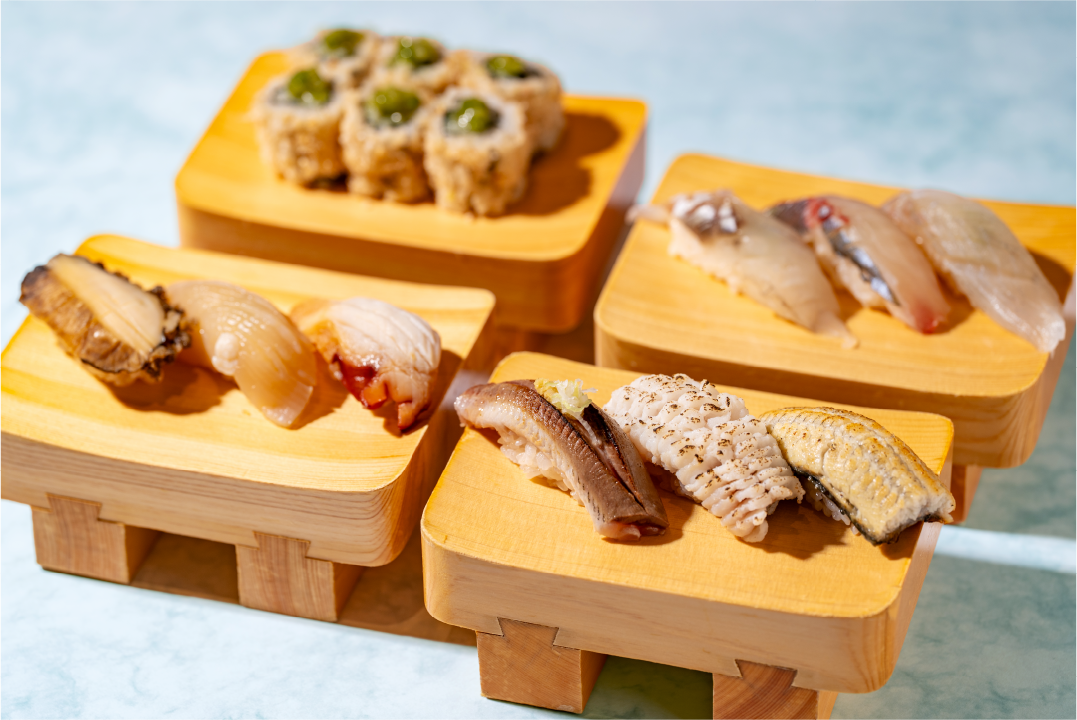 Tsukiji Tama sushi summer trio platter at Omotesando Hills Hitosara 2026, 660-1640 yen per trio