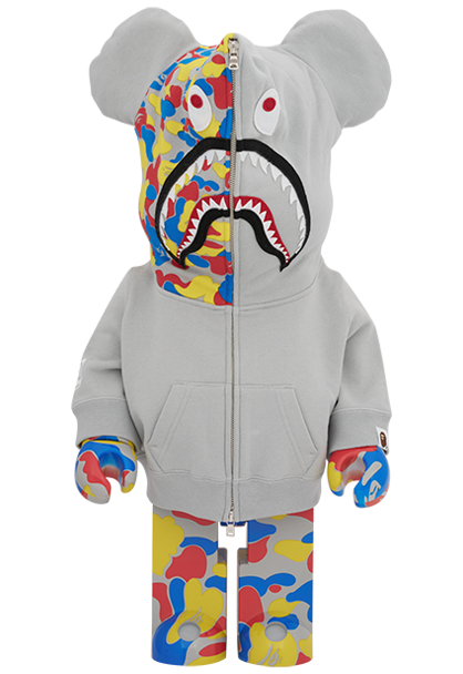 BE@RBRICK BAPE Camo Shark MCT 30th Anniversary 1000% figure on display at Medicom Toy 30th exhibition Omotesando Hills